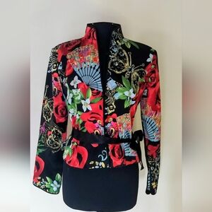 JS Collections Black Floral & Fan Tie-Waist Jacket with Red Accents
